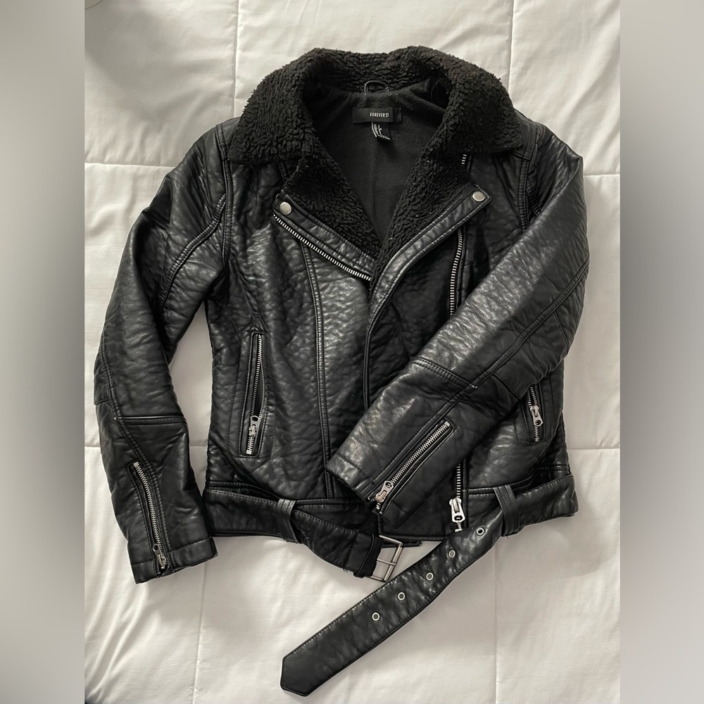 Black Faux Leather Fleece Jacket